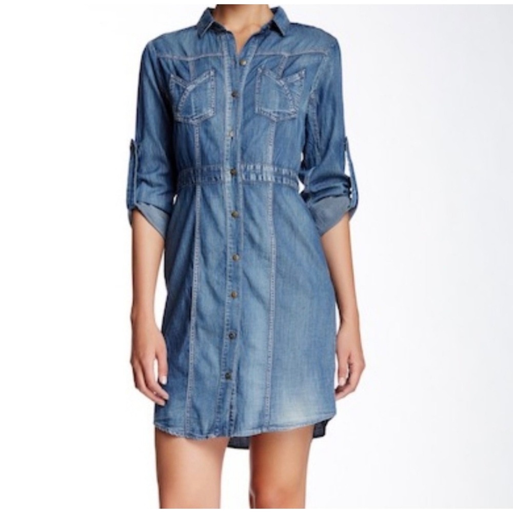 ECI New York Chambray Denim Shirt Dress Size 4 Western Button Front Coastal Boho